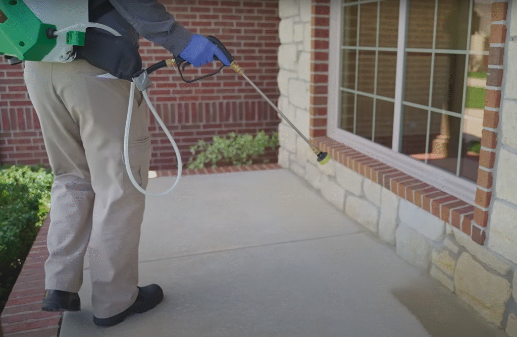 Technician applying outdoor treatment around a home’s foundation with protective gloves — Pest Control Service in Napa.