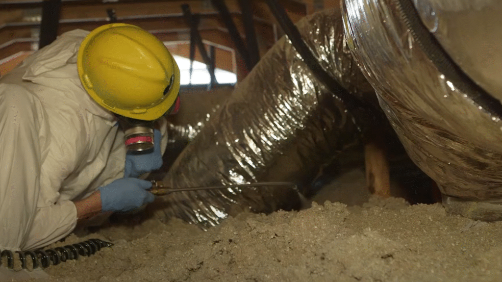Pest control worker treating an attic area with insulation and ducts — Pest Control Service in Napa.