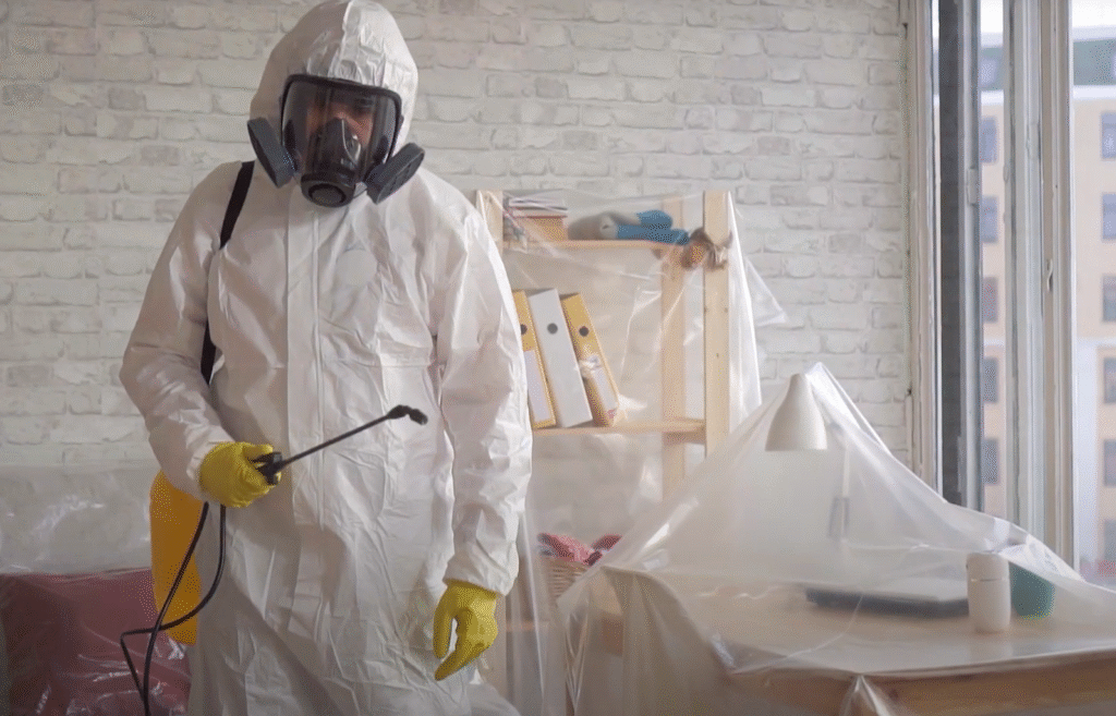 Technician in full protective suit and respirator preparing pest treatment — Pest Control Service in Napa.