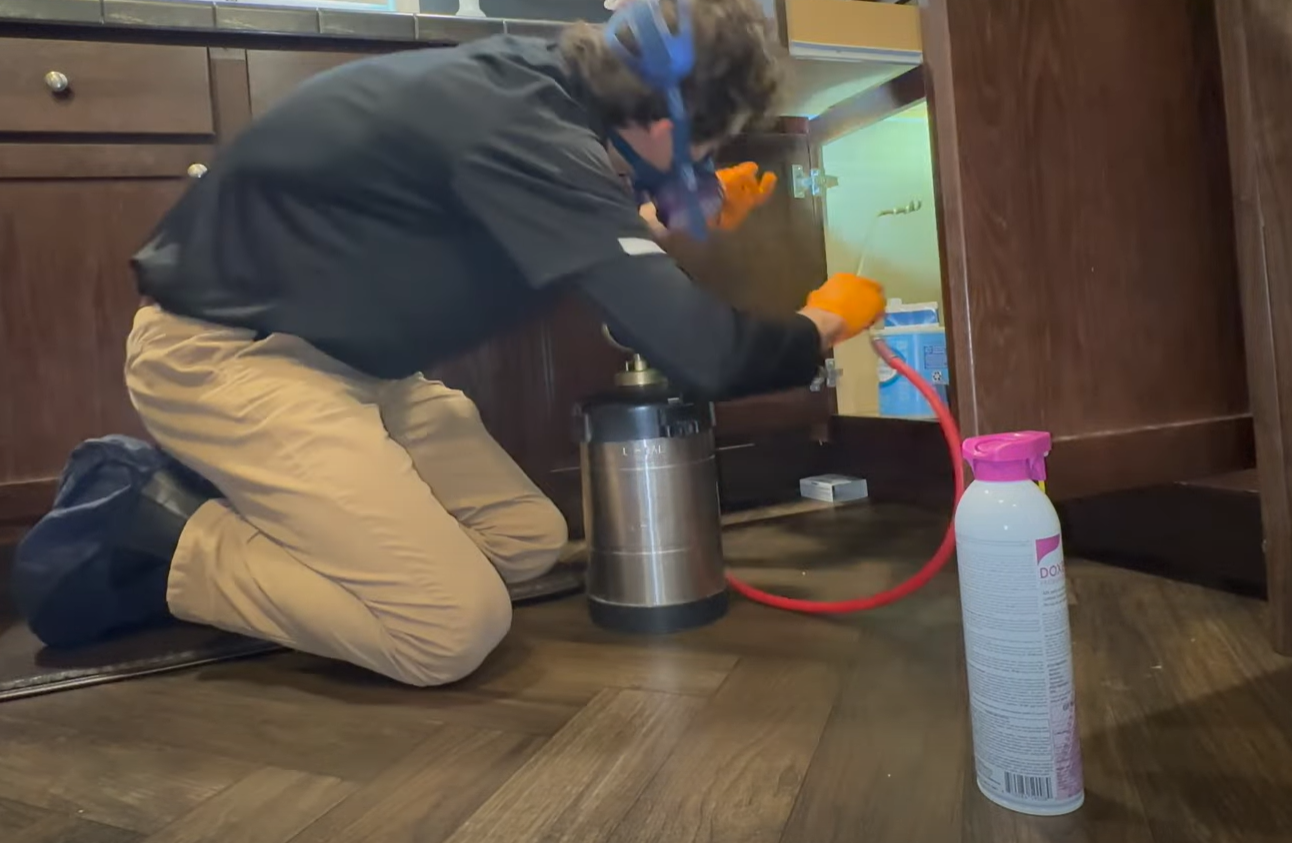 Pest control worker applying treatment inside kitchen cabinets — Pest Control Service in Napa
